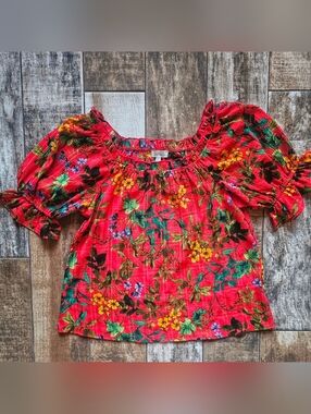 Red Floral Puff Sleeve Top Cottagecore Coastal Cowgirl Boho Blouse M